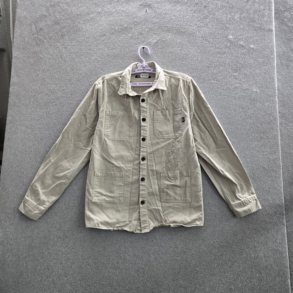Dutch‎ Bros Men Button Up Shirt MEDIUM Beige Twill Logo Long Sleeve
